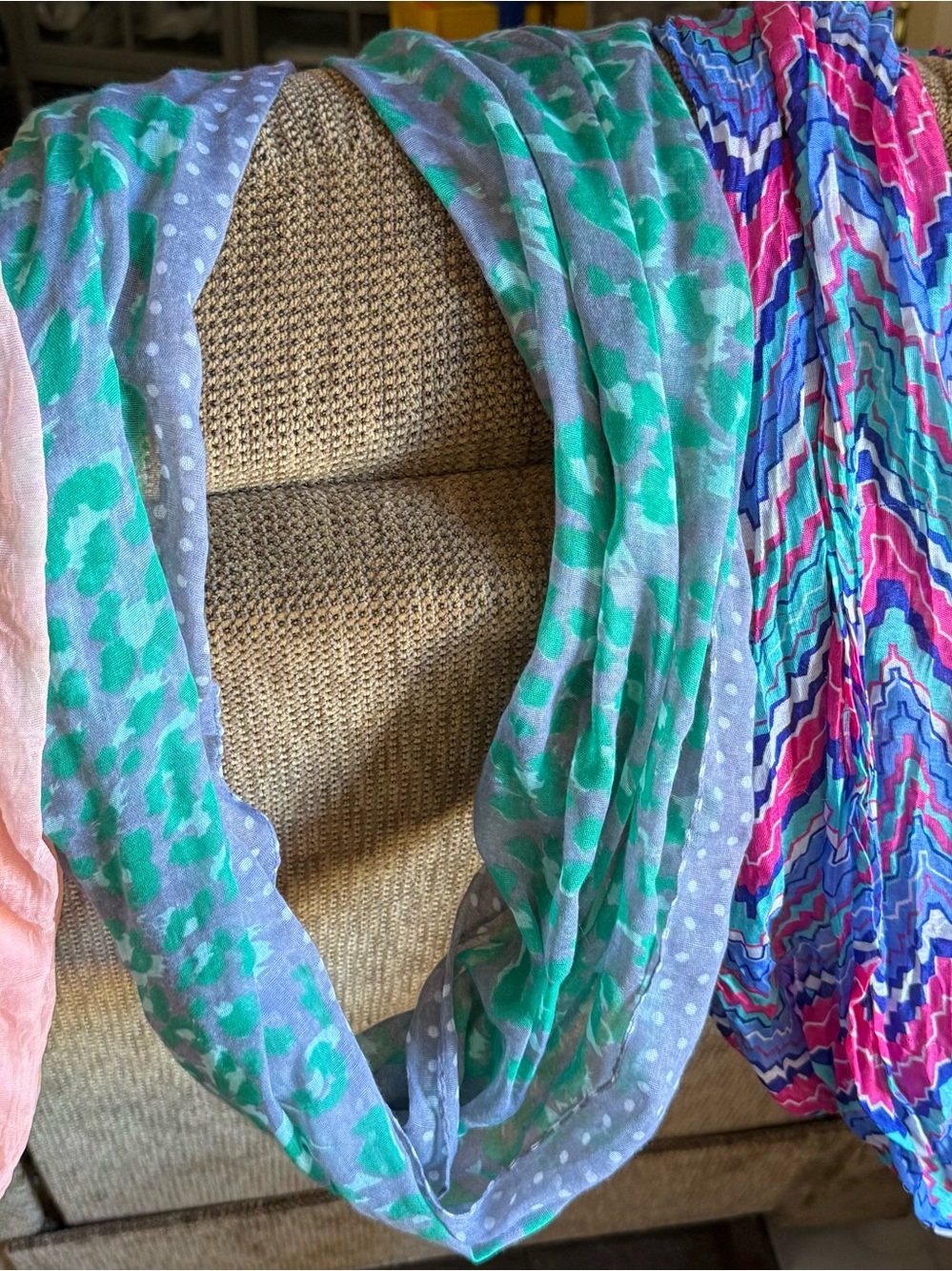 Various colored infinity scarves